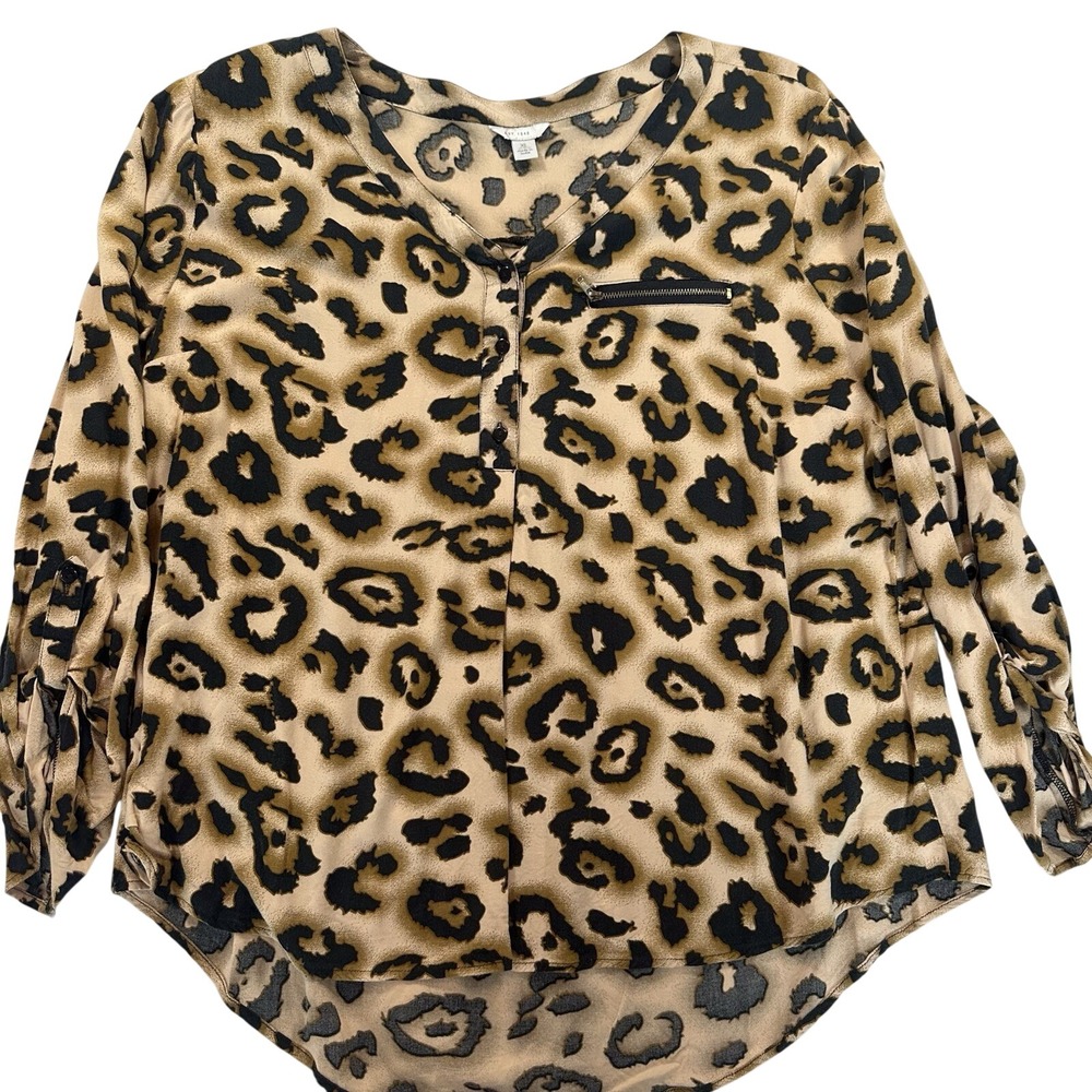 Leopard‎ Print Long Sleeve Lightweight Chiffon Blouse X-Large zip pocket Flowy